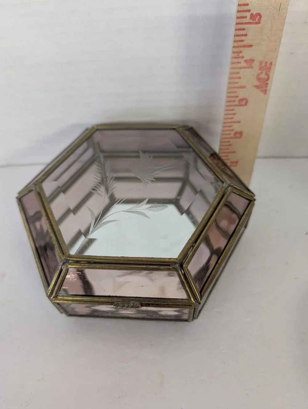 Vintage Hexagonal Purple Glass Jewelry Box with Etched Mirror Lid